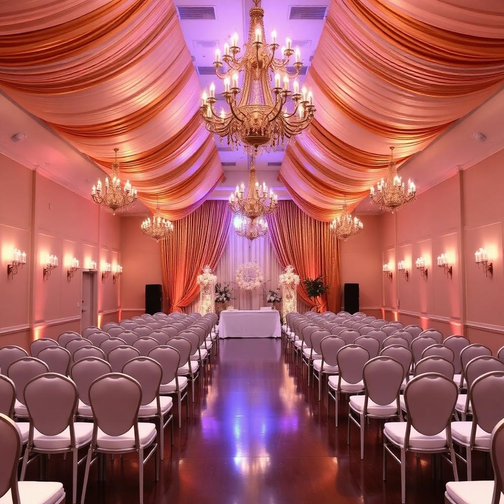 Salón iluminado con drapeados y candelabros